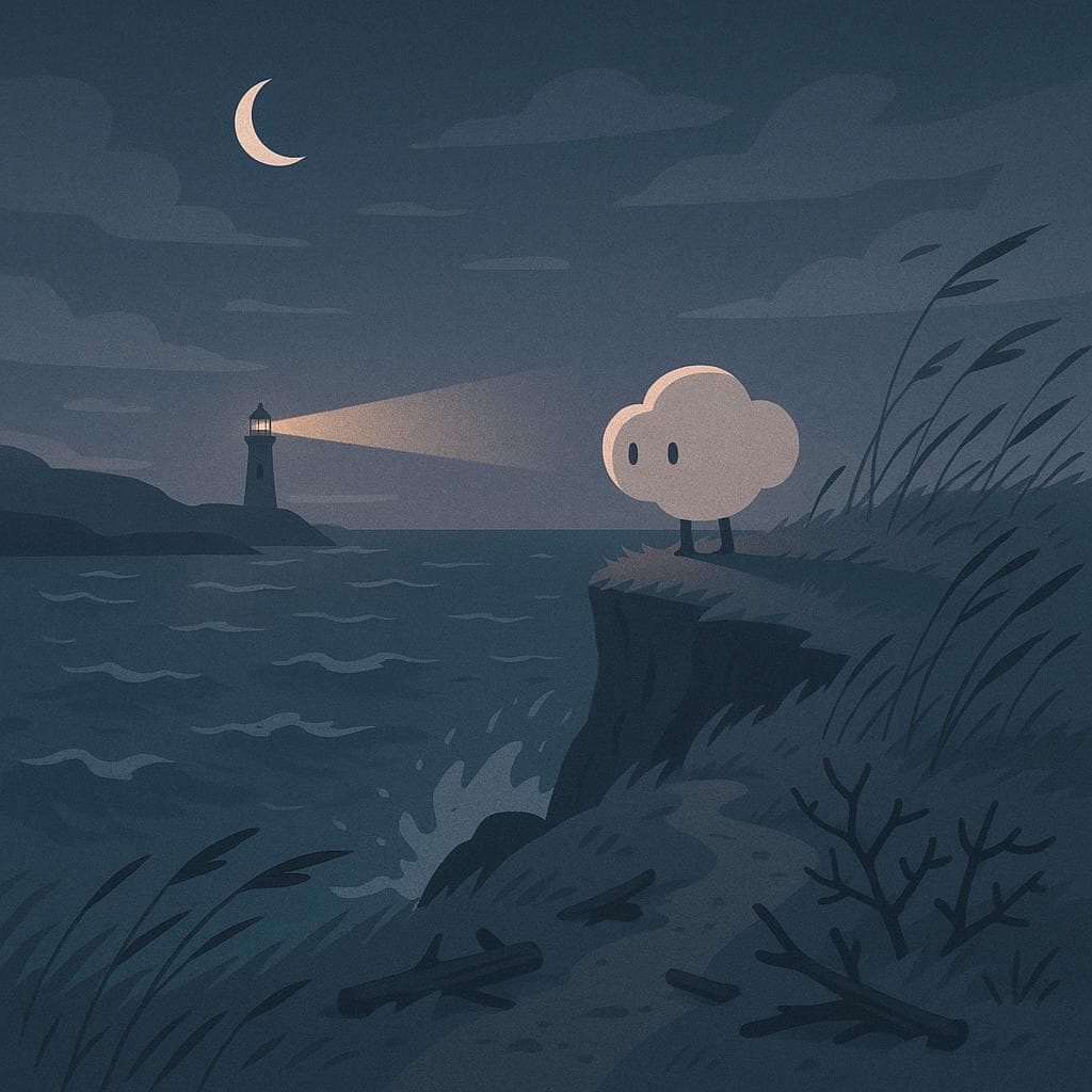Wide establishing illustration of a twilight seaside cliff sanctuary, with the small round cloud character hovering at the edge of the cliff as if they’ve just arrived, looking out over dark blue waves crashing far below. Wind-swept grasses bend in the breeze, a distant lighthouse casts a warm, hazy beam across the water, and bits of driftwood and thorny, weathered plants hint at a rough path to this spot. Soft moonlight is the main light source, with the lighthouse glow as a warm accent, in a minimalist, muted-color digital art style.