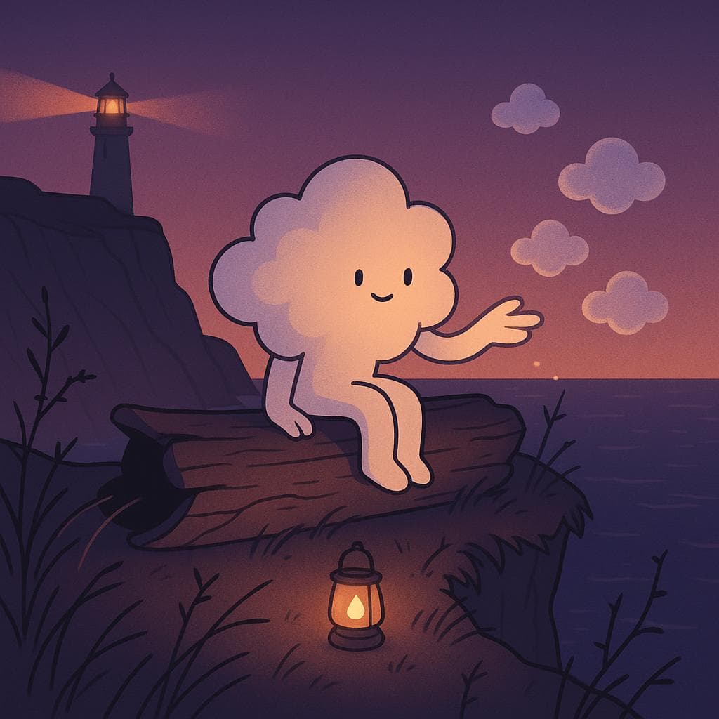 Medium shot illustration of the cloud character seated on a large piece of driftwood near the cliff’s edge, gently extending a wisp-like arm toward several small, semi-transparent mini-clouds forming around them to symbolize new connections and support. The lighthouse glow and a small lantern beside the driftwood softly illuminate wind-swept grasses and subtle thorny stems, while the ocean below shimmers in deep purples and blues. The mood is tentative but hopeful, with clean minimalist lines and warm accent lighting in a twilight digital illustration style.