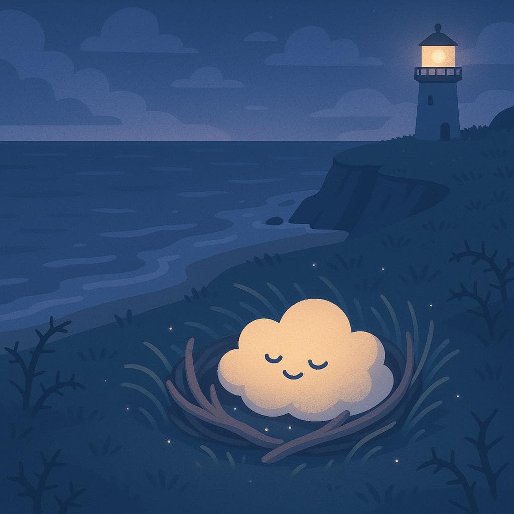 Wide, slightly overhead illustration of the seaside cliff sanctuary at late twilight, now feeling cozy and settled, with the cloud character curled comfortably in a nest-like curve of driftwood and grasses. Soft lighthouse light and faint bioluminescent specks in the grass surround them like a gentle halo, while the ocean below is calmer and the thorny plants recede into the background as textured details rather than threats. The composition emphasizes quiet accomplishment and safety, in a clean, minimalist digital style with muted blues and purples and warm golden highlights.