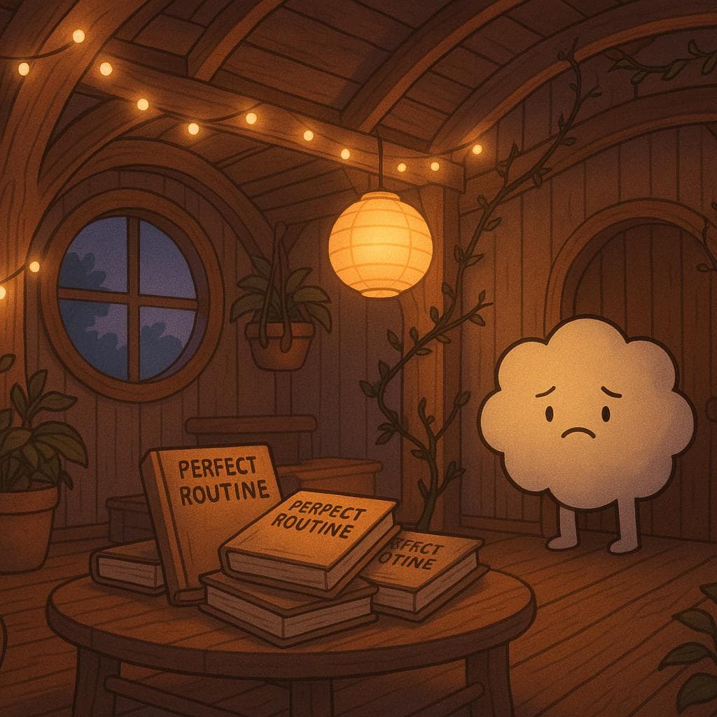 Wide establishing shot digital illustration of a cozy indoor treehouse at twilight, all warm wood textures, round windows, and hanging plants lit by soft fairy lights and a single glowing paper lantern. The gentle round cloud character stands just inside a small wooden doorway, a little droopy and overwhelmed, taking in the space cluttered with abandoned “perfect routine” notebooks stacked on a low table, while subtle thorny vines wind harmlessly along a support beam to hint at past struggles. Muted blues and purples fill the background, with warm golden light pooling around the cloud, creating an intimate, safe mood of tentative arrival and possibility.