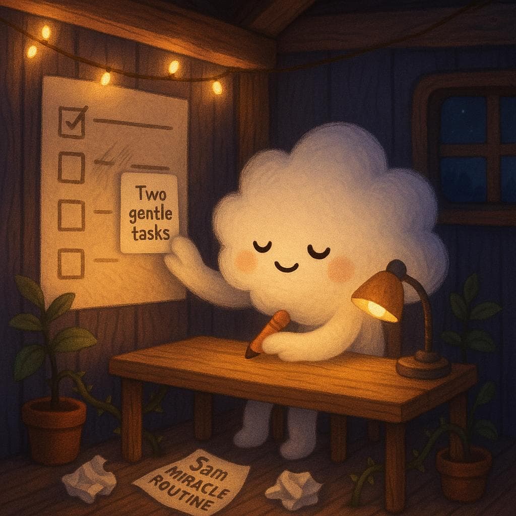 Medium shot digital illustration inside the same cozy treehouse, lit mainly by a string of fairy lights draped over a wooden beam and a tiny desk lamp. The cloud character sits at a low wooden desk, erasing a huge, rigid checklist pinned to the wall and replacing it with a small, simple card that reads just one or two gentle tasks, while potted plants with a few thorns soften and curl around the desk legs to symbolize manageable challenges. The composition focuses on the cloud’s soft, thoughtful expression and relaxed posture, scattered crumpled “5am miracle routine” pages on the floor, and the warm light carving out a calm, focused pocket in the dark blue-violet room.