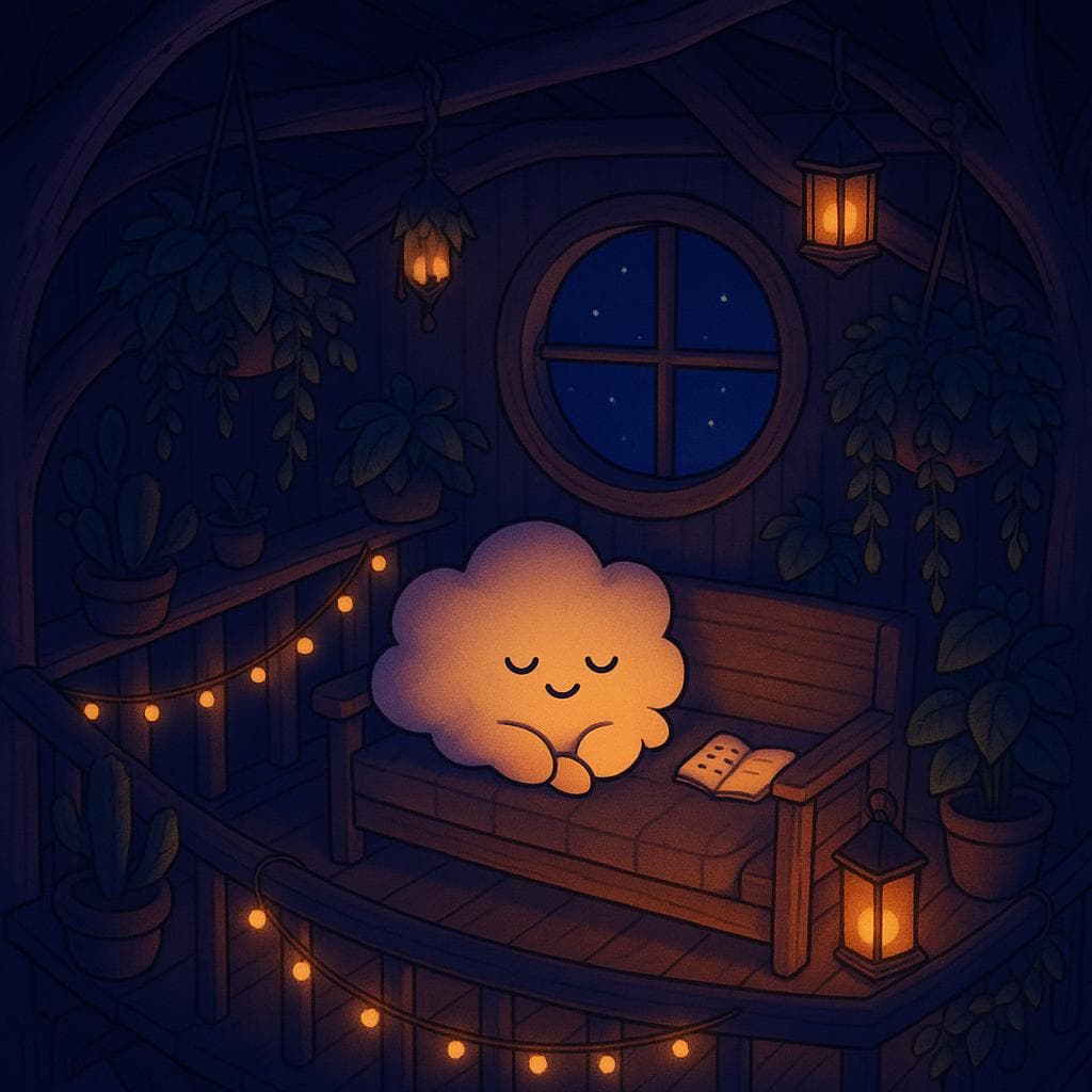 Wide overhead view digital illustration of the indoor treehouse at night, bathed in deep indigo with pools of amber light from a cluster of lanterns and fairy lights around a small reading nook. The cloud character is curled up on a cushioned wooden bench beneath a round window, a tiny notebook open beside them showing a few simple checked-off habits, while the surrounding hanging plants look gently fuller and healthier, their thorns now soft and unobtrusive textures on the wood. The scene feels peaceful and complete, with the cloud’s soft, content smile and the warm glow creating a sense of quiet accomplishment and a routine that finally fits.