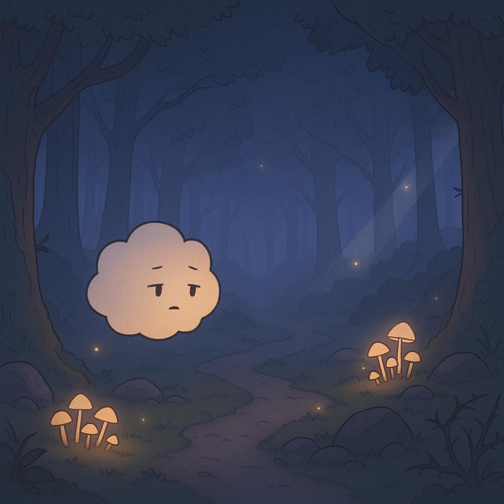 Wide establishing shot digital illustration of a misty forest clearing at twilight, with towering ancient trees fading into blue-purple fog and clusters of softly glowing mushrooms along a narrow path. A gentle round cloud character with a subtle, tired-but-curious expression drifts into the clearing from the left, illuminated by warm golden light from scattered fireflies and a faint moonbeam cutting through the branches, while moss-covered stones and a few thorny brambles hint at past difficulty. Clean, minimalist linework with soft gradients and warm accent glows creates a mysterious yet grounding mood.