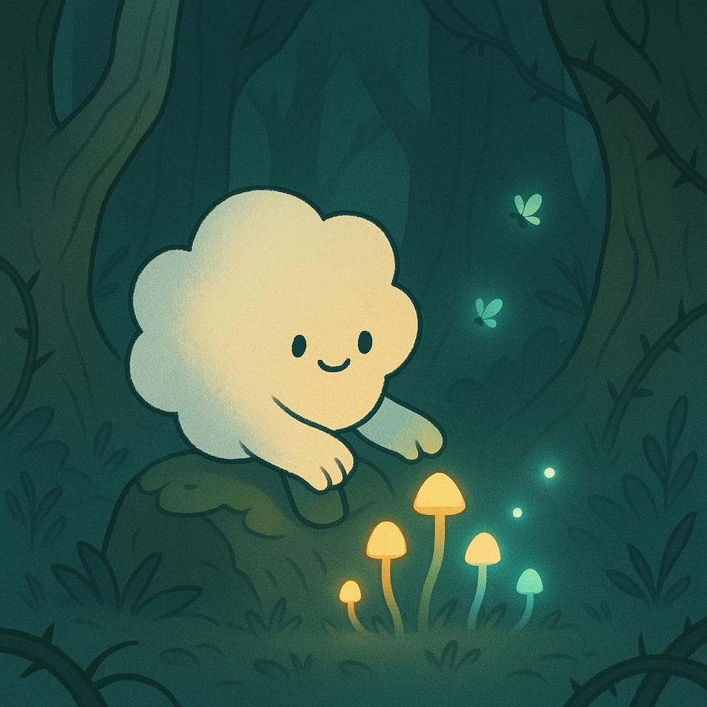 Medium shot digital illustration of the cloud character settled on a mossy stone in the same forest clearing, its small arms gently reaching out to tap one tiny glowing mushroom, causing a few more nearby mushrooms and fireflies to light up in a slow ripple. The scene is framed by ancient tree roots and subtle thorny vines at the edges, with bioluminescent mushrooms providing the main light source, casting warm highlights on the cloud’s soft form and showing how one tiny action slowly brightens the space. Minimalist, clean style with muted blues and greens, accented by warm golden and teal glows to symbolize tiny habits adding up.