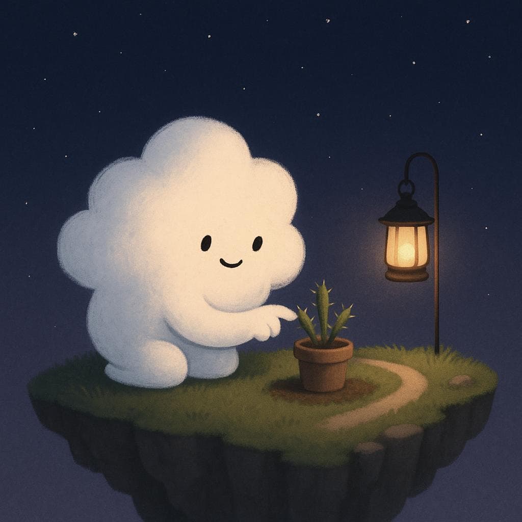 Digital art of the cloud character in a closer shot, gently touching a small potted plant with a few thorny stems on a different corner of the floating island, as if trying one tiny action at a time. The night sky is deep indigo with scattered stars, and a warm lantern hangs nearby, illuminating just a small circle of soil, new buds, and a simple path that curves out of frame, suggesting ongoing habit-building. The composition is minimalist and airy, with more open negative space and subtle weathered rocks, showing quiet progress and how tiny, repeatable actions slowly change the island.