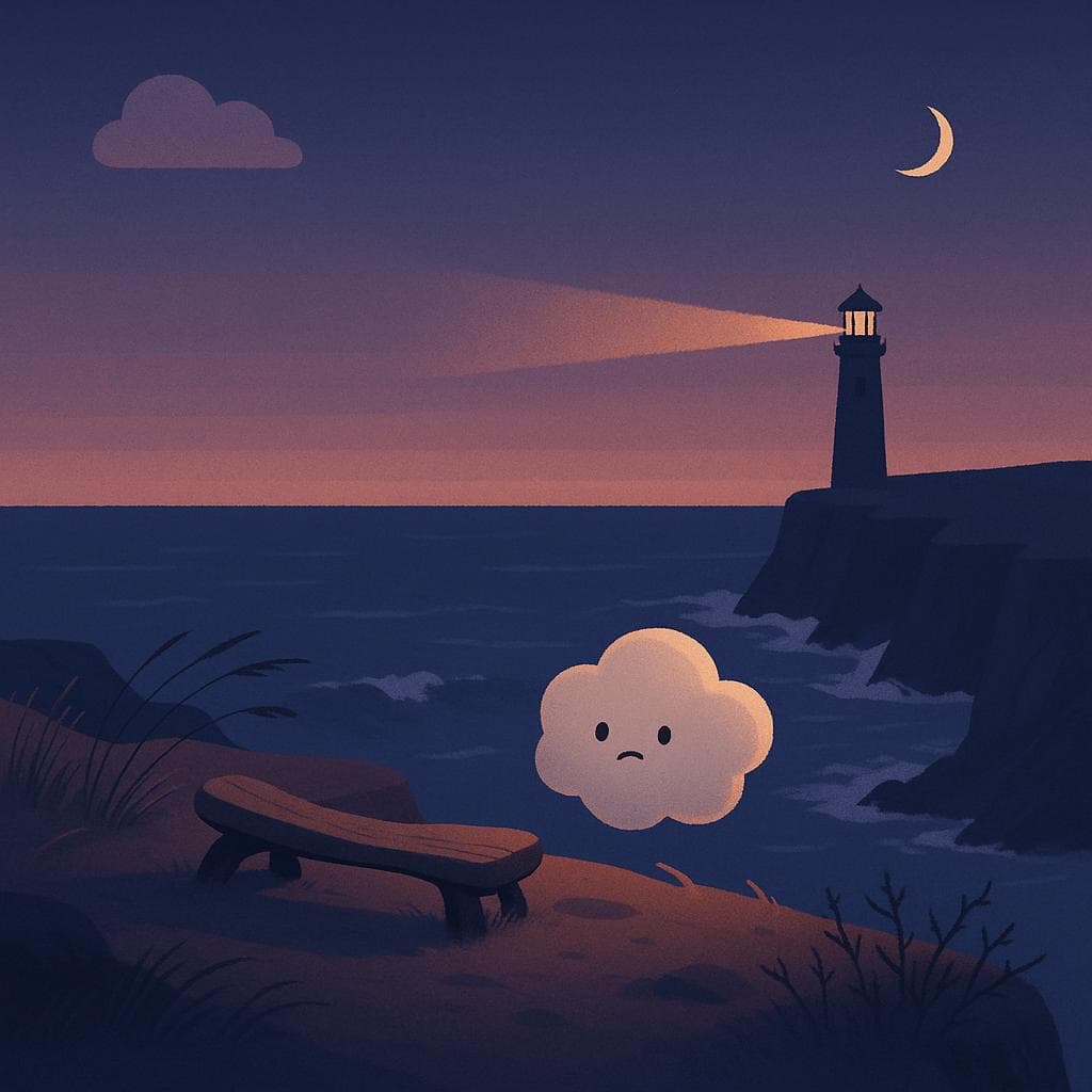 Wide establishing shot, minimalist digital illustration of a twilight seaside cliff sanctuary: a small, soft round cloud character with a gentle, uncertain expression drifts up over the edge of a weathered cliff, wind-swept grasses bending around them as waves crash far below and a distant lighthouse casts a warm, welcoming beam across deep blues and purples. The cloud hovers near a smooth piece of driftwood laid like a bench facing the ocean, tiny thorny brambles at the cliff’s edge hinting at difficulty but not dominating the scene. Lighting comes from the lighthouse glow and a faint rising moon, creating soft highlights on the cloud’s edges and subtle textures in the rocks and grasses.