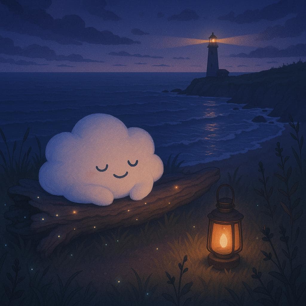 Wide, slightly overhead shot of the seaside cliff sanctuary at deep twilight, digital illustration: the cloud character is now curled up comfortably on the driftwood, edges smooth and relaxed, with a faint smile as they watch the calm, rhythmic waves below and the steady lighthouse beam sweeping the horizon. Soft bioluminescent specks glow in the grasses and along the driftwood, and the once-thorny plants now appear gentler, their textures softened by the warm lantern beside the cloud and the distant lighthouse light. The overall scene feels spacious and peaceful, with muted blues and purples wrapped in warm highlights, conveying a sense of grounded acceptance and quiet relief.