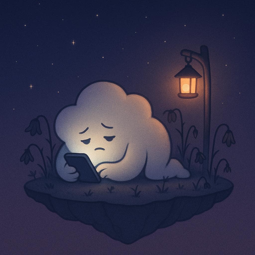 Digital illustration of a gentle, round cloud character lying on a small floating island at night, its soft arms scrolling endlessly on a glowing phone while tiny wilted plants and flowers with subtle thorns surround it. The background is a deep blue-purple sky filled with calm stars, and a single warm lantern hangs on a short crooked post, casting a cozy but lonely glow over the scene, emphasizing exhaustion and emotional overload. Minimalist, clean lines and soft gradients highlight the contrast between the phone’s harsh light and the lantern’s warmth.