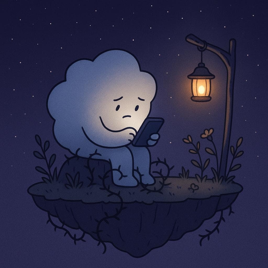 Digital illustration of a gentle, round cloud character sitting on the edge of a small floating island at night, hunched over a glowing phone while tiny, thorny vines creep around their feet and the base of the island. Sparse plants and small flowers lean toward a single warm lantern hanging on a crooked post, casting a cozy golden light against a deep blue-purple starry sky. The scene feels quietly overwhelmed yet relatable, with minimalist, clean lines and soft colors highlighting the tension between the harsh phone glow and the inviting lantern light.