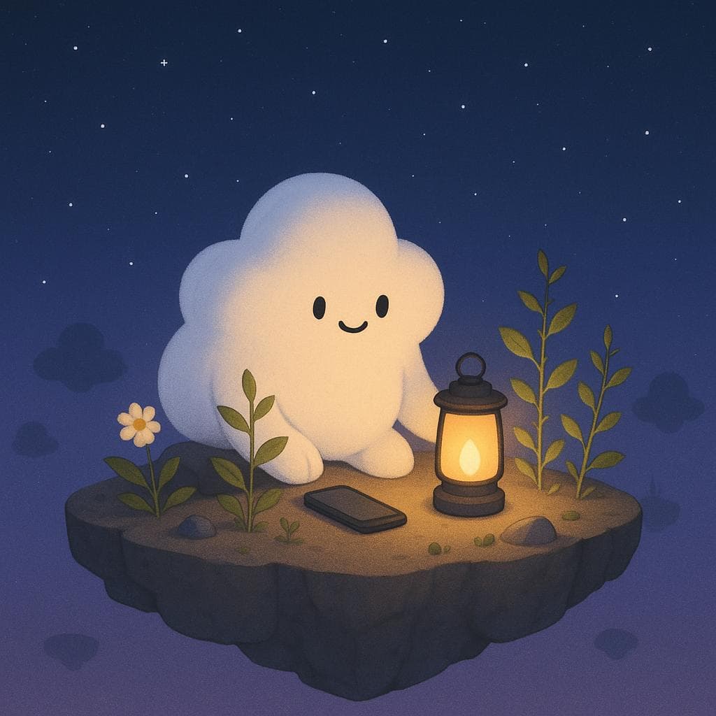 Digital illustration of the same friendly cloud character sitting upright on a slightly larger floating island at night, placing its phone down beside a softly glowing warm lantern. Around the cloud, a few plants, flowers, and small trees with gentle thorns are beginning to grow taller and healthier, their leaves catching the lantern light, while other distant floating islands fade into a serene starry blue-purple sky. The minimalist, clean style emphasizes progress and tiny steps, with subtle weathered rocks on the island hinting at past struggle but a calmer, more focused mood.
