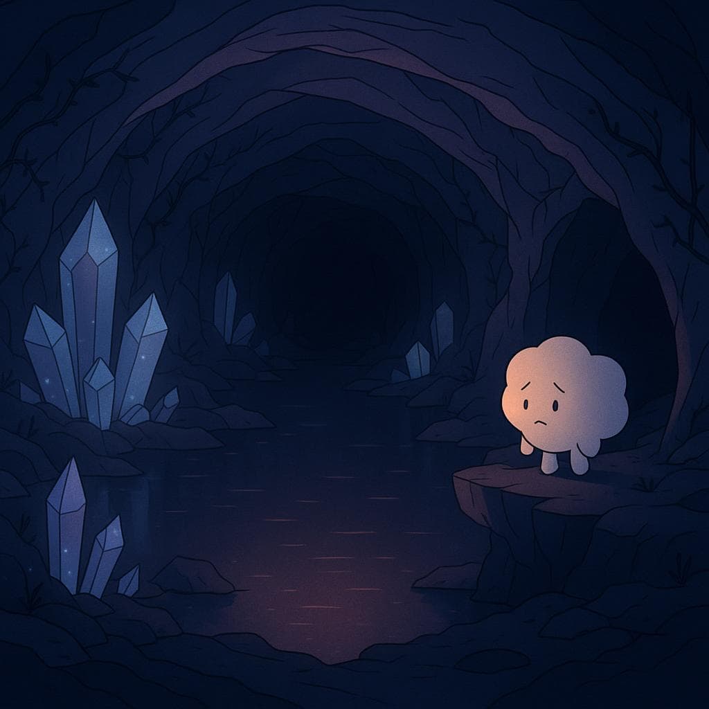Wide establishing shot illustration of a vast underground crystal cave at twilight hues, the soft round cloud character standing near the entrance, hesitating on the rocky ledge. Bioluminescent crystals in muted blues and purples glow gently around a dark underground pool, casting warm reflections on the cloud’s slightly anxious face as small thorny vines creep along the cave walls. Lighting comes mainly from the crystals and faint ripples of reflected light from the pool, creating an introspective, magical atmosphere with minimalist, clean digital art lines.