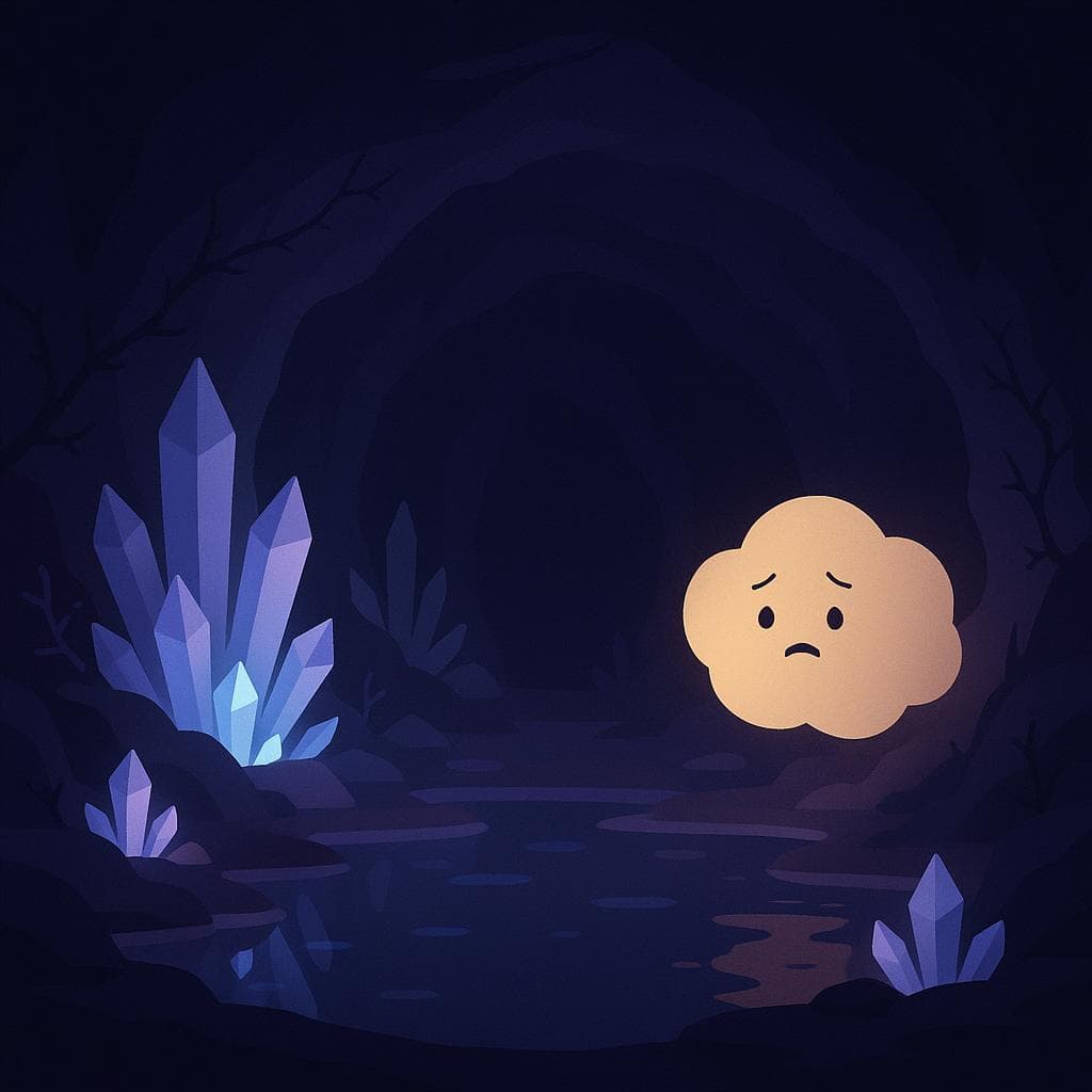 Wide establishing shot, minimalist digital illustration of an underground crystal cave at twilight tones of deep navy and violet, lit by soft bioluminescent crystals and a still underground pool reflecting their glow. A gentle round cloud character with a worried, slightly tense expression drifts at the cave entrance, small against towering crystal formations and sparse thorny vines along the rocks, as warm amber highlights kiss its edges to suggest both overwhelm and tentative curiosity. The lighting comes mainly from scattered bioluminescent crystals with subtle reflections on the water, emphasizing an introspective, magical yet slightly intimidating first arrival.