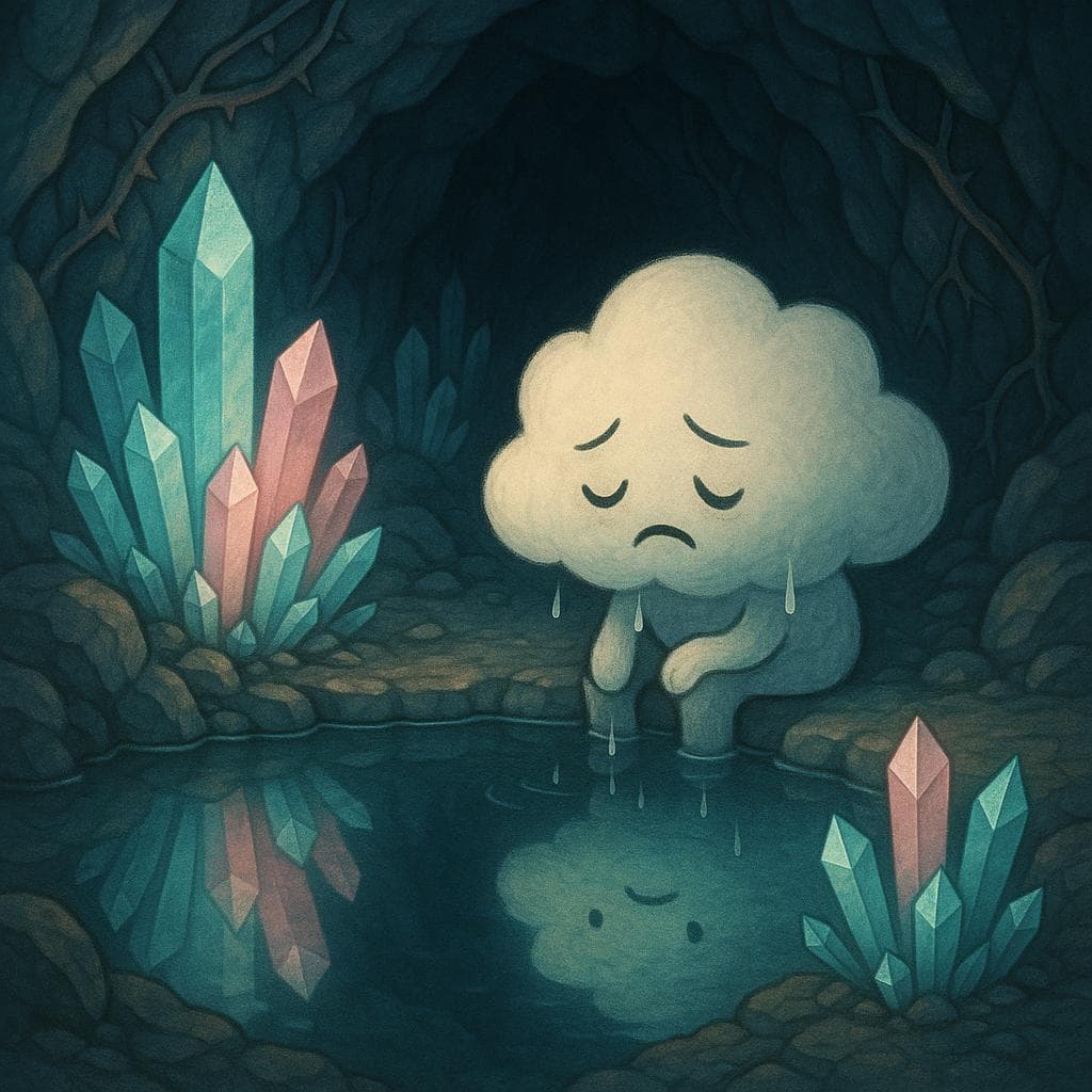 Medium shot inside the crystal cave, digital illustration style, where the cloud character sits low to the ground at the edge of the underground pool, its shape a bit droopy with visible tiny rain droplets falling into the water like tears. In front of it, clusters of bioluminescent crystals glow in gradients of teal and soft pink, and thin thorny roots weave through the stone, while the pool’s reflection shows the cloud slightly rounder and calmer than it appears above, symbolizing inner resilience under financial stress. Lighting comes from the crystals and faint underwater glow, casting gentle highlights on the cloud’s face and surrounding rocks for a contemplative, emotionally charged atmosphere.