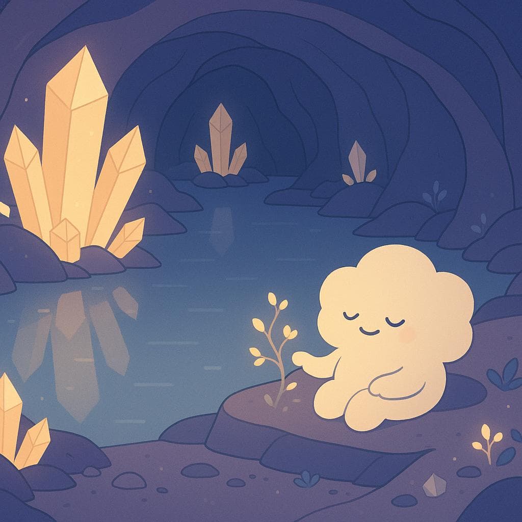 Wide, slightly overhead shot of the same underground crystal cave, now feeling cozier and more familiar, in a minimalist digital illustration with muted blues and purples warmed by soft golden crystal light. The cloud character rests comfortably on a smooth rock ledge beside the underground pool, shape more rounded and relaxed, lightly touching a once-thorny vine that now sprouts small glowing leaves and buds, while scattered crystals and tiny cave plants form a subtle path behind it. Bioluminescent crystals and soft reflections from the pool provide calm, diffused lighting, suggesting quiet accomplishment and a gentler nervous system in this magical, introspective sanctuary.