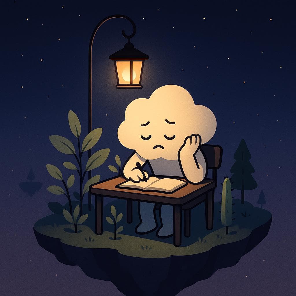 Digital illustration of the cloud character in a quiet study nook on a floating island at night, sitting at a small desk with an open notebook, one hand resting on their head as if tired but trying, while a few plants and tiny trees with soft thorns sprout gently around the desk area. A warm lantern hangs above, illuminating the workspace and casting a soft glow onto the character and nearby leaves, while the rest of the island fades into a dreamy dark blue-purple sky filled with distant stars and faint silhouettes of other floating islands. The composition feels like a moment of fragile progress, with minimalist shapes and clean lines emphasizing the character’s tentative focus and the subtle growth around them.