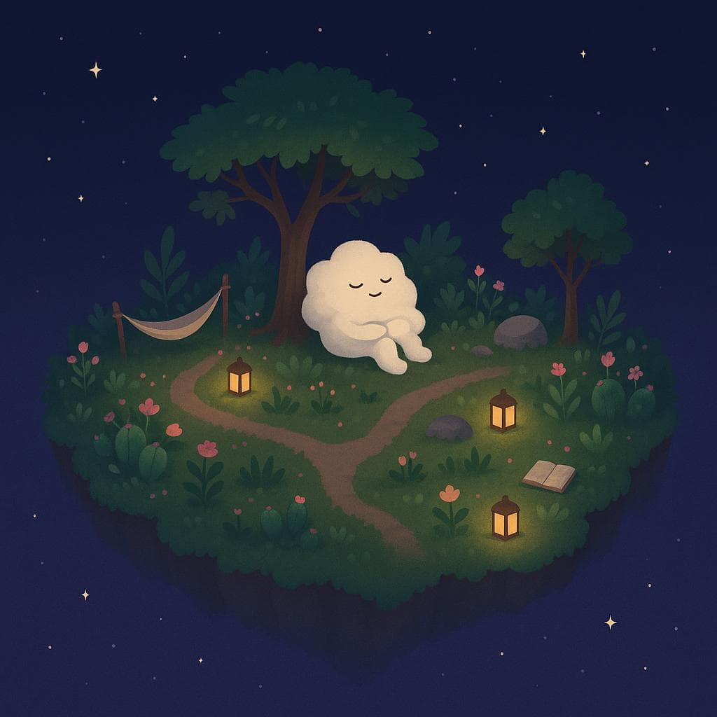 Digital illustration of a wider view of the floating island at night, now more lush with plants, small trees, and flowers—some still bearing gentle thorns—but overall feeling alive and tended, as the cloud character reclines peacefully against a tree trunk, looking up at the starry dark blue-purple sky. Several warm lanterns are scattered around, their cozy light creating soft pools of glow that connect paths between different corners of the island—a tiny resting hammock, a quiet sitting stone, a little reading spot—suggesting a slowly built self-care space. The style is minimalist and clean, with the dreamy, whimsical island edges fading into the stars to convey a calm, hopeful ending while still honoring the weathered textures of earlier struggle.