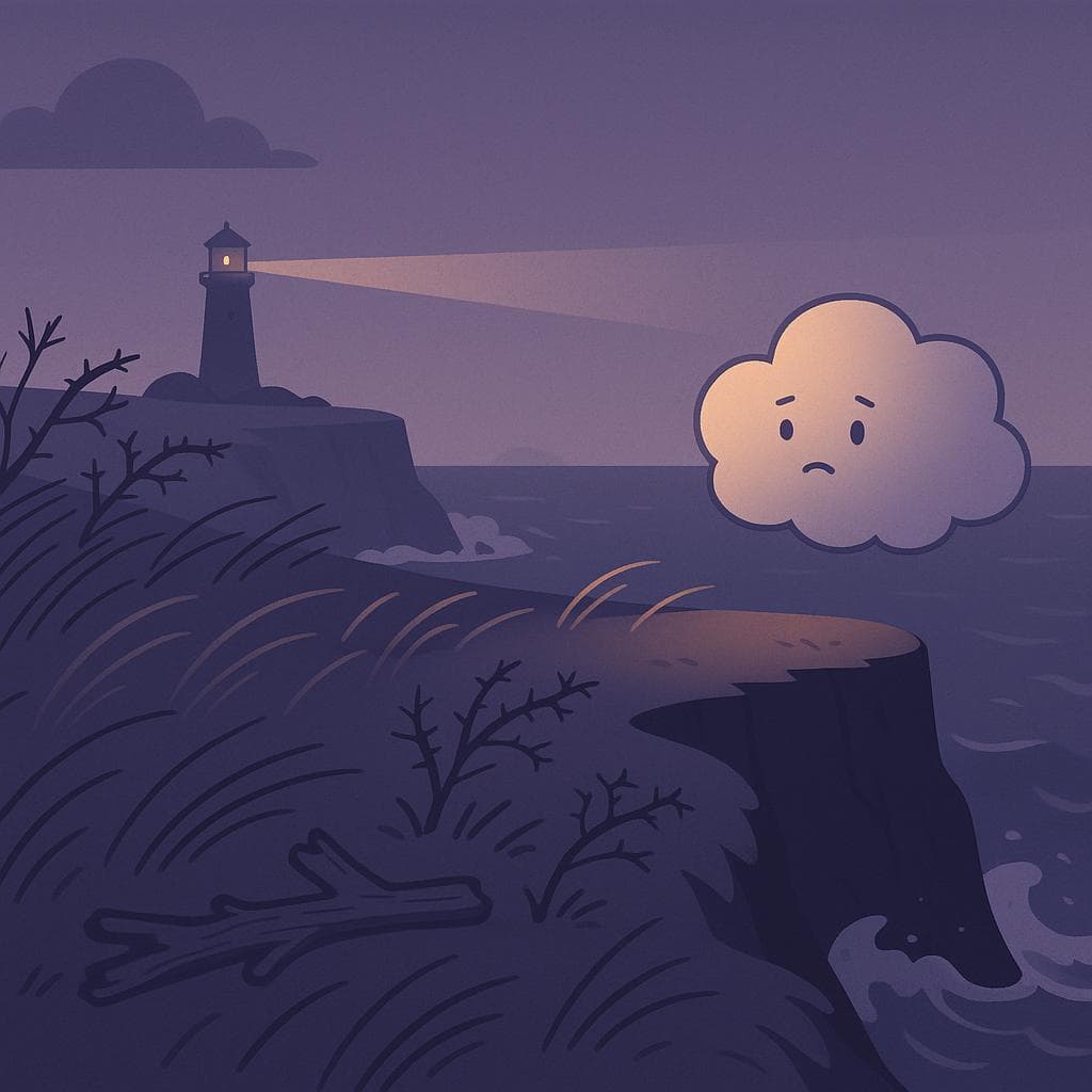 Wide establishing shot digital illustration of a twilight seaside cliff sanctuary, with dark blue ocean waves crashing below and wind-swept grasses bending in the breeze. A soft, round cloud character with a faintly strained but curious expression hovers near the edge, a distant lighthouse casting a warm golden beam that just touches their outline while driftwood and thorny, weathered plants hint at a harsh environment. Minimalist, clean style with muted purples and blues, the only strong light coming from the lighthouse glow and a subtle gradient in the sky.