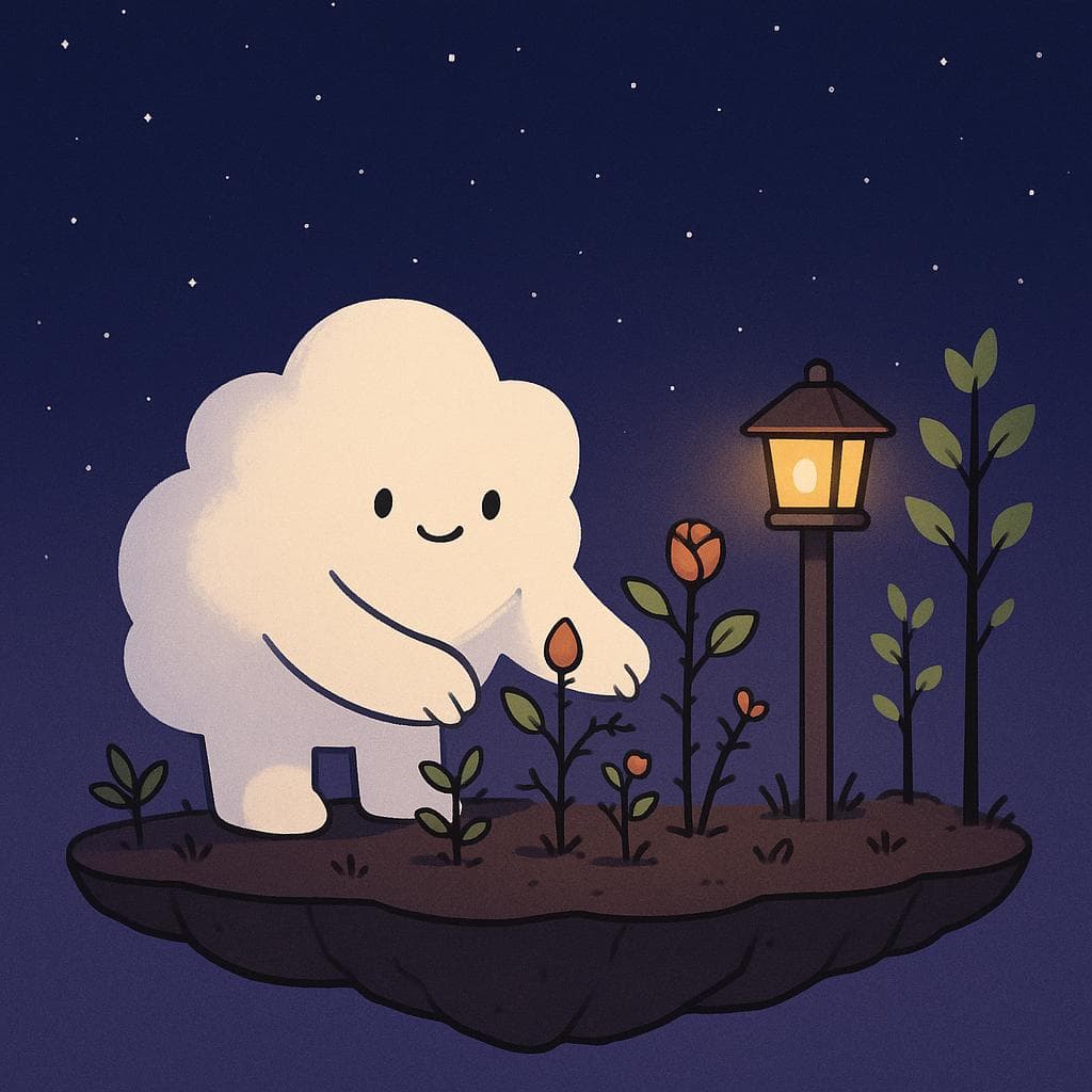 Digital illustration of the same gentle cloud character on a slightly larger floating island at night, carefully propping up small plants and flowers that have a mix of new buds and subtle thorns along their stems. A couple of young trees and sprouting leaves show early growth, while a warm lantern on a simple wooden post casts a cozy glow over the scene, contrasting with the dark blue-purple star-filled sky. Minimalist, clean style that balances the sense of ongoing challenge with small, meaningful progress.