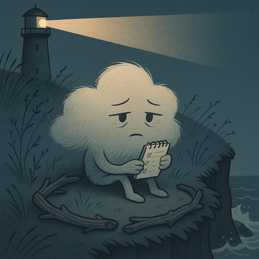 Medium shot digital illustration of the cloud character sitting low to the ground near the cliff’s edge, slightly deflated and frayed at the edges as if thinned by wind, yet still upright. Around them, wind-swept grasses and small plants with subtle thorns sway, while the lighthouse beam passes over their face, revealing tired eyes and a tiny notebook or checklist in their misty hands; waves crash below as driftwood forms a loose protective circle. Clean, minimalist style with muted cool tones and a single warm light source from the sweeping lighthouse glow, emphasizing contrast between outward composure and inner exhaustion.