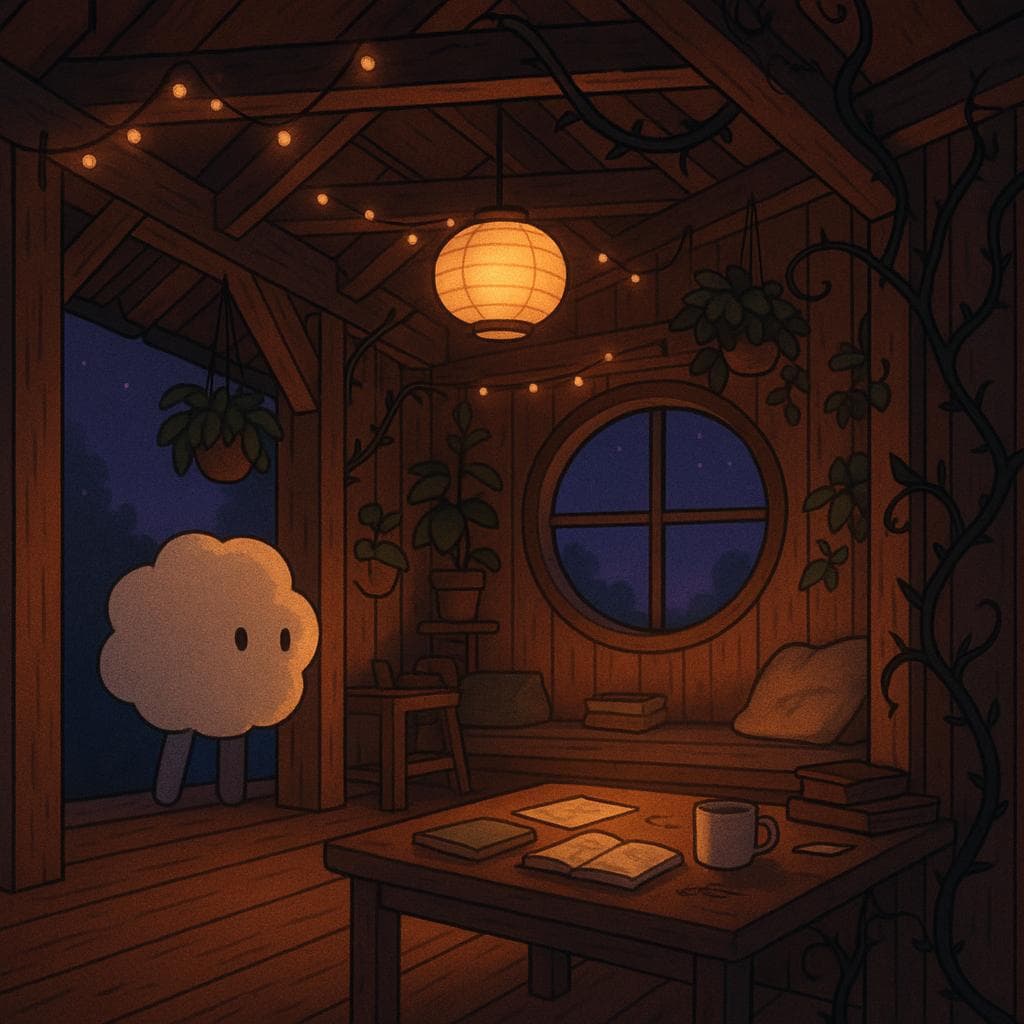 Wide establishing shot, digital illustration: Inside a cozy indoor treehouse at twilight, the soft round cloud character hovers in the doorway, hesitating as they look into a warm wooden space filled with hanging plants, fairy lights, and a large round window showing a deep blue-purple sky. A single paper lantern casts a gentle golden glow over a slightly messy desk with notebooks, a mug of tea, and a cushioned reading nook, while subtle thorny vines twist along one beam to hint at hidden challenges without overwhelming the safety of the room.