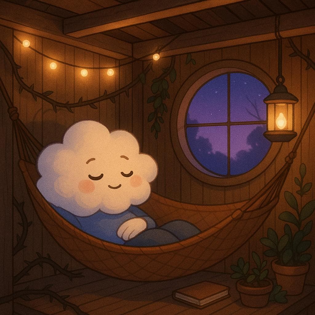 Medium-close shot, digital illustration: The cloud character rests comfortably in a hammock strung between treehouse beams, their edges softer and slightly brighter as they gaze out the round window at a calm night sky tinged with early dawn purples. Soft fairy lights and one nearby lantern bathe the wooden walls and hanging plants in a warm glow, with the once-prominent thorny vines now receding into the background as a small cluster of thriving plants and a closed journal sit beside them, suggesting quiet accomplishment and emotional ease.