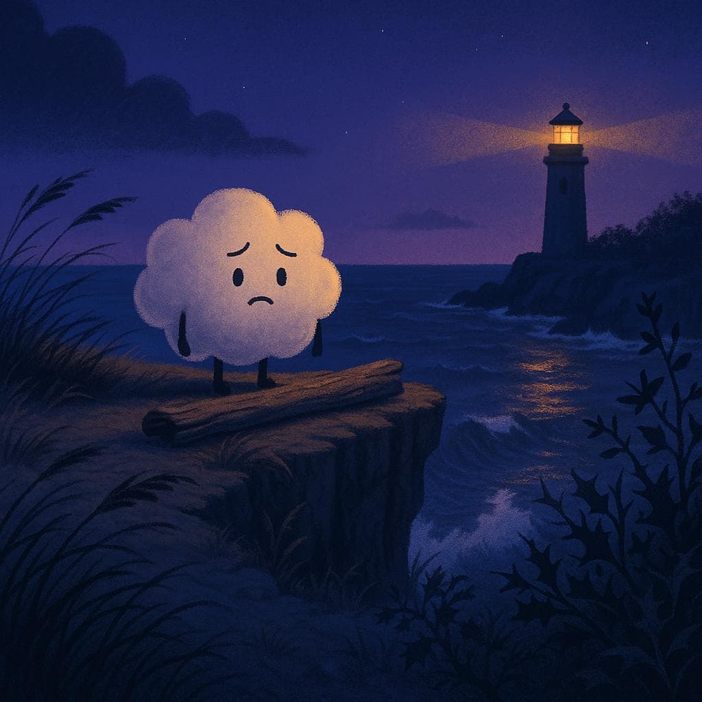 Wide establishing shot digital illustration of a twilight seaside cliff sanctuary, with dark indigo ocean waves crashing below and wind-swept grasses bending in the breeze. A soft, round cloud character with a hesitant, guilty expression hovers at the cliff’s edge near a weathered driftwood log, while a distant lighthouse casts a warm golden beam across the scene, hinting at safety amid the thorny plants and rough rock textures. The lighting comes mainly from the lighthouse glow and a subtle violet-blue sky, creating a contemplative, slightly tense mood.