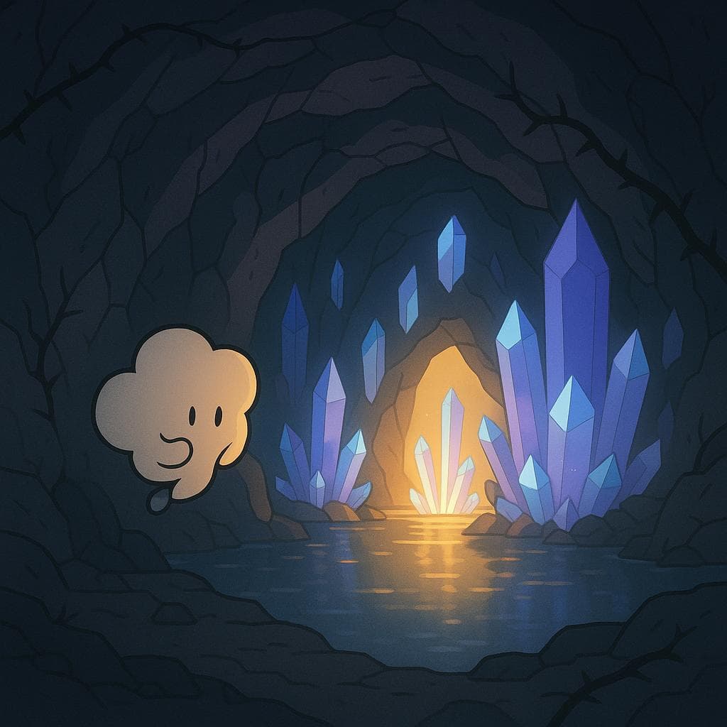 Wide establishing shot, minimalist digital illustration of an underground crystal cave where a gentle round cloud character hesitates at the entrance of a glowing cavern, half-floating, half-curling in on itself. Bioluminescent crystals in soft blues and purples rise from the walls and ceiling, casting warm golden reflections onto an underground pool, with a few thorny vines and weathered rock textures hinting at past strain; lighting comes mainly from the crystals and faint water reflections, creating an introspective, slightly uneasy mood.