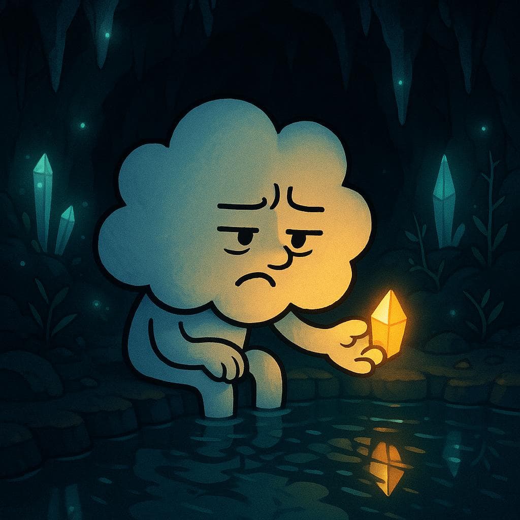 Medium shot digital illustration inside the cave, the cloud character seated at the edge of the underground pool, its soft face split between one side tense and furrowed and the other side relaxing as it reaches a tiny puff-hand toward a single warm amber crystal. Bioluminescent crystals and sparse cave plants with subtle thorns surround it, their reflections fragmented in the water like racing thoughts; the scene is lit by scattered bioluminescent glows and a small crystal the cloud has gently cupped, symbolizing noticing and softening guilt in the middle of the anxiety spike.