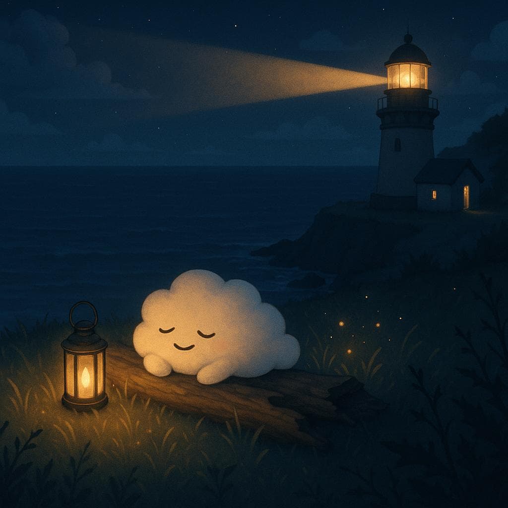 Wide, slightly overhead digital illustration of the seaside cliff sanctuary at calm night, with the ocean now gentler and the lighthouse casting a steady, warm beam over the scene. The cloud character lies comfortably on the driftwood, eyes half-closed in peaceful contentment, surrounded by softly glowing grasses and tiny warm specks of light drifting upward where the old anxious thought-scribbles used to be, while subtle thorny plants fade into the shadows. The primary lighting comes from the lighthouse and a nearby lantern, creating a serene, resolved atmosphere of earned, guilt-free rest.