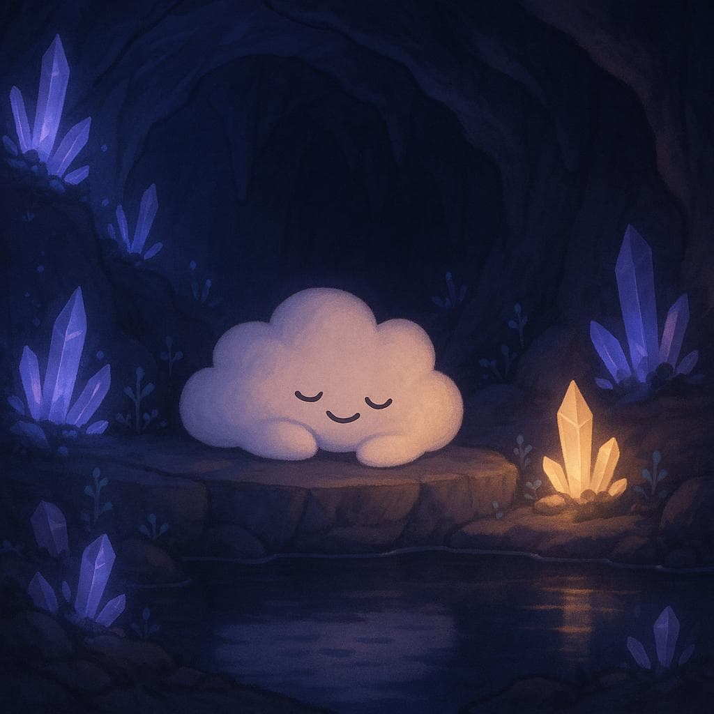 Wide, calm digital illustration of the underground crystal cave, now feeling cozy and safe, with the cloud character peacefully curled up on a smooth rock ledge beside the underground pool. The cloud is softly smiling, edges relaxed, as bioluminescent crystals and tiny cave plants form a gentle halo of blue-purple light, accented by a single warm golden crystal casting a soft spotlight; reflections on the still water and faint weathered textures in the stone suggest past struggle, while the tranquil, twilight glow emphasizes grounded, guilt-free rest.