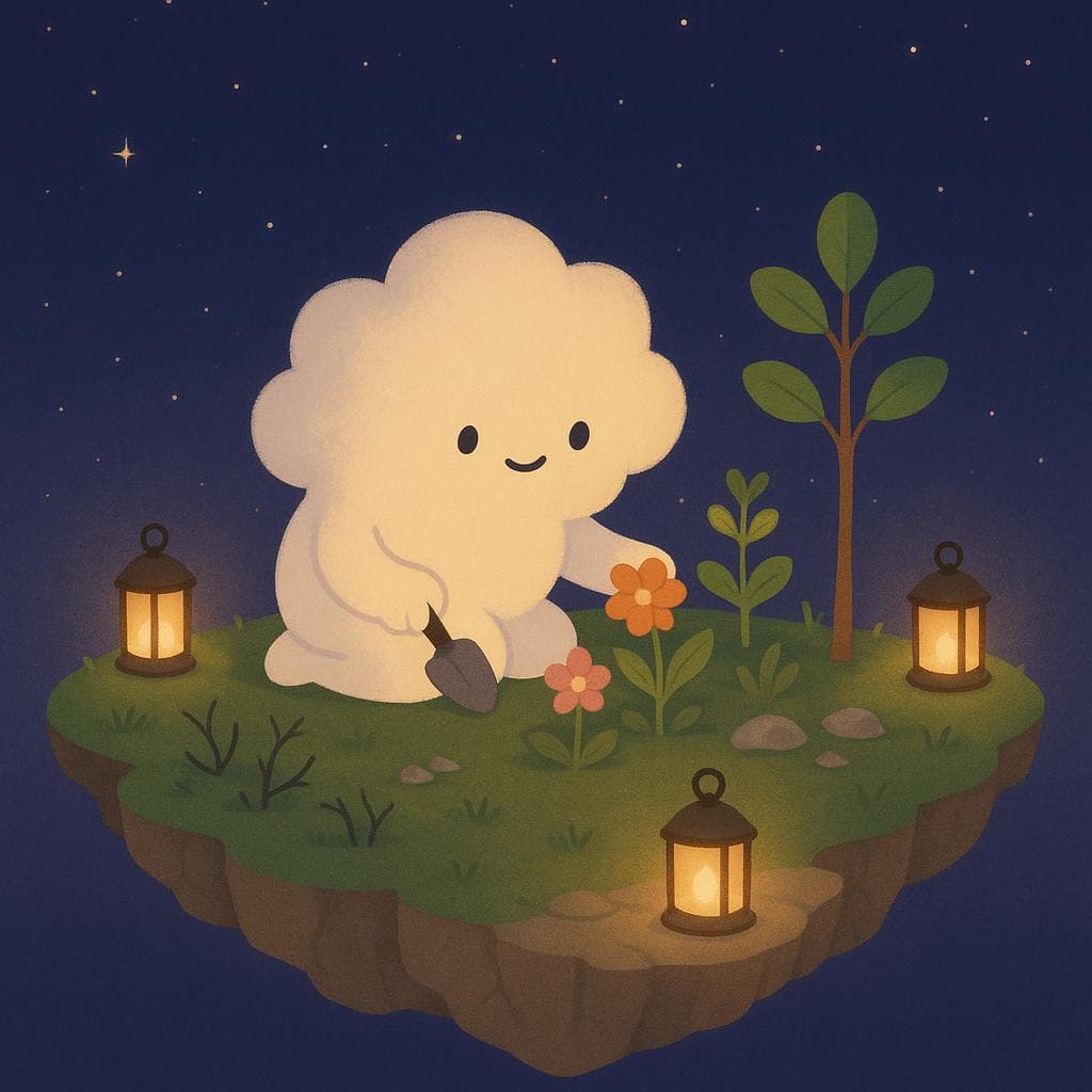 A serene digital illustration of the cloud character peacefully tending a small, thriving garden of plants, flowers, and a young tree on a floating island at night, with only faint thorns and worn stones remaining as gentle reminders of past challenges. The dark blue-purple sky is full of soft stars, and warm lantern light encircles the garden, creating a cozy, inviting glow that suggests acceptance and ongoing care rather than perfection. The minimalist composition feels hopeful and calming, as the cloud character calmly enjoys the dreamy, floating island they’ve been patiently cultivating.