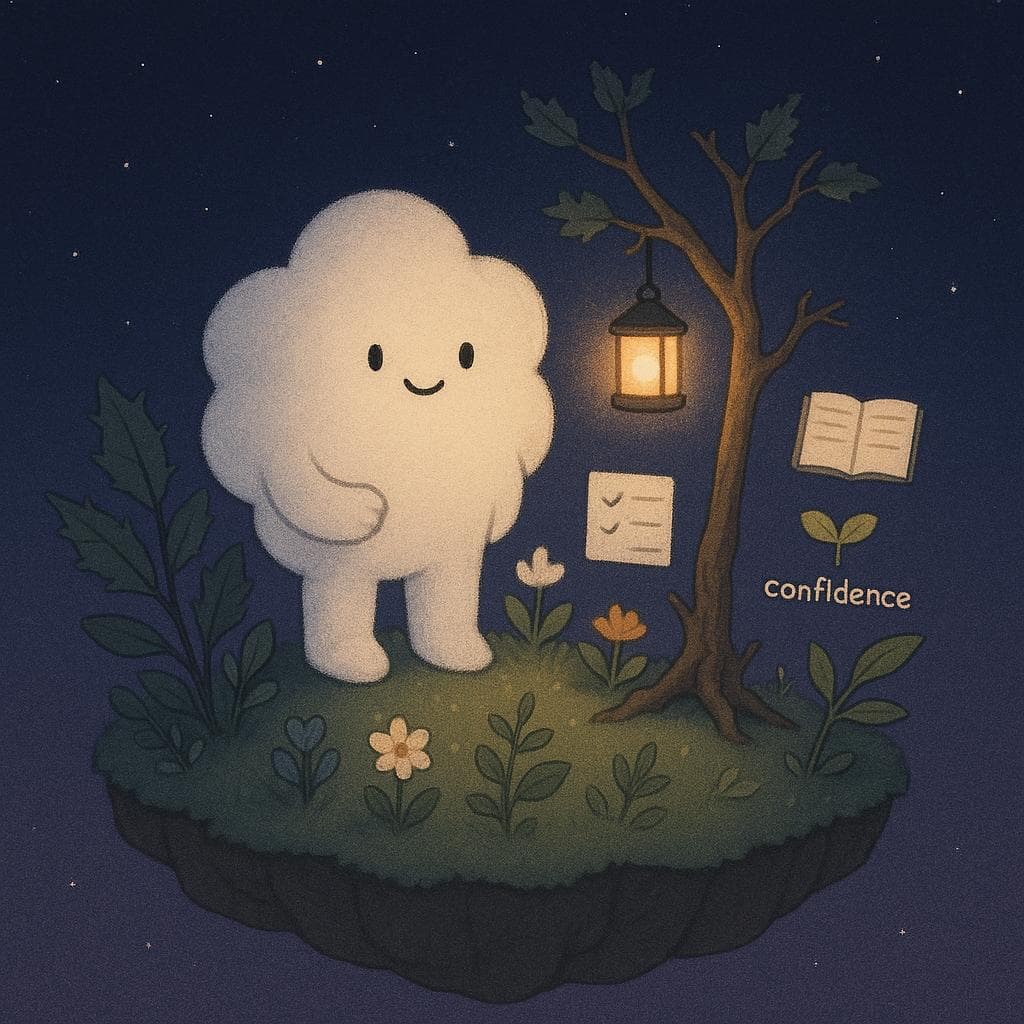 Digital illustration of the same friendly cloud character standing on a slightly larger floating island at night, surrounded by more plants, flowers, and a small tree that looks a bit weathered but clearly growing. Some leaves have tiny thorns and worn edges, yet the warm lantern light—now brighter and hanging from the small tree—illuminates a few simple symbols of progress (like a small open notebook, a checklist, and a tiny sprout labeled ‘confidence’) against a dark blue-purple starry sky. The composition feels like mid-journey growth: still tender, still unsure, but clearly moving forward in a minimalist, clean style.