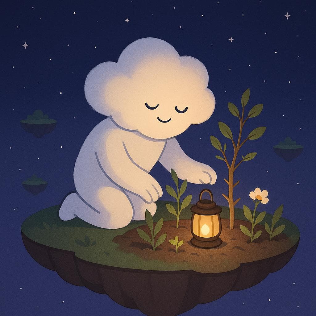 Digital illustration of the cloud character kneeling peacefully on a floating island at night, gently tending to a small garden of plants, flowers, and a young tree with a few soft thorny stems that now feel integrated rather than threatening. A warm lantern sits in the soil beside them, casting a cozy golden glow over the garden and the cloud’s calm face, while several other tiny floating islands with faint greenery drift in the distance under a deep blue-purple starry sky. The overall mood is hopeful, grounded, and soothing, with a minimalist, clean style that suggests quiet confidence and ongoing care.