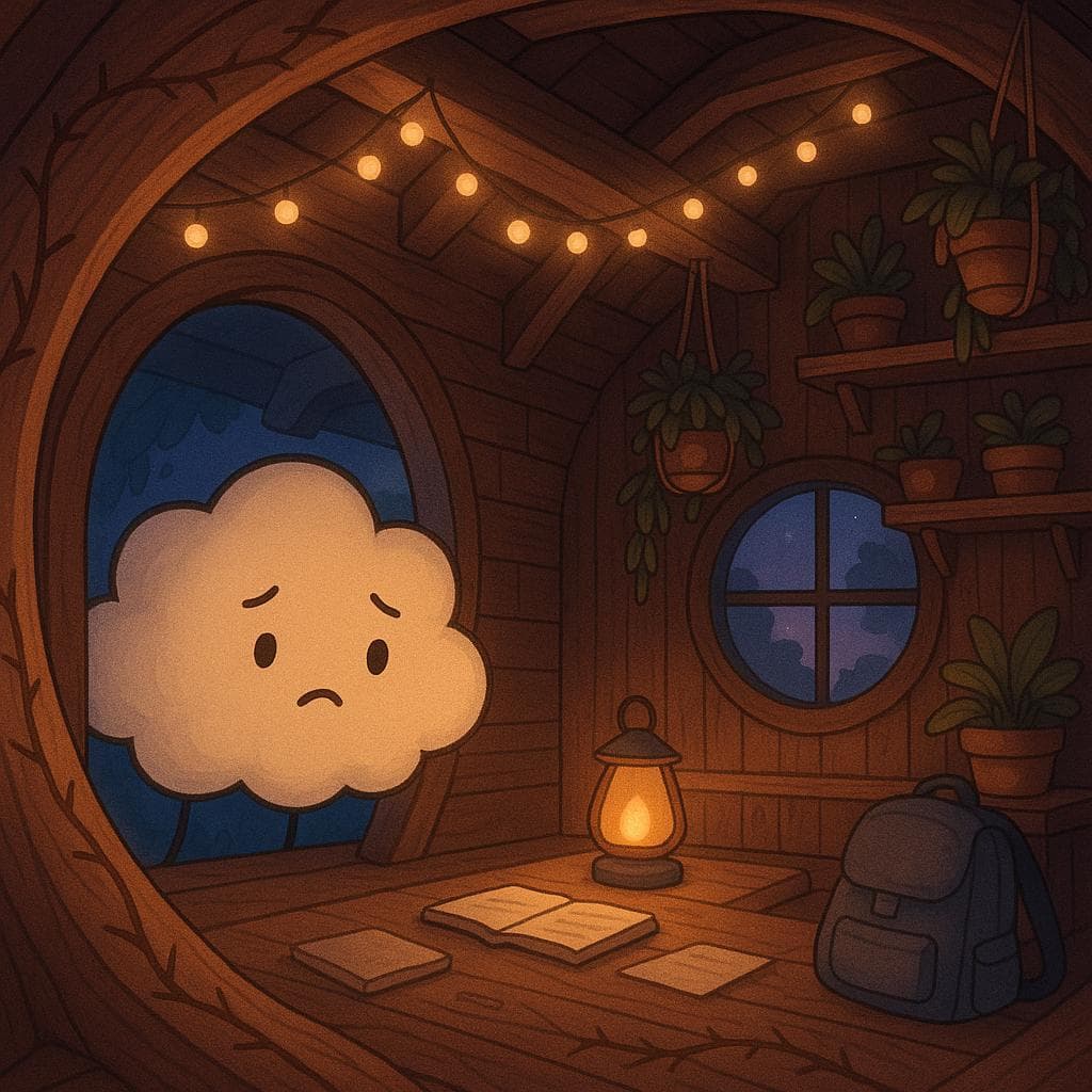 Wide establishing shot, digital illustration: A gentle round cloud character with a soft, worried expression floats at the entrance of a cozy indoor treehouse, peeking in as warm fairy lights drape from wooden beams and hanging plants spill from shelves. Twilight blues and purples filter through a large round window, while a single amber lantern on a low desk casts a welcoming glow over scattered notebooks, a slightly overstuffed backpack, and subtle thorny vines etched into the wood grain to hint at stress.