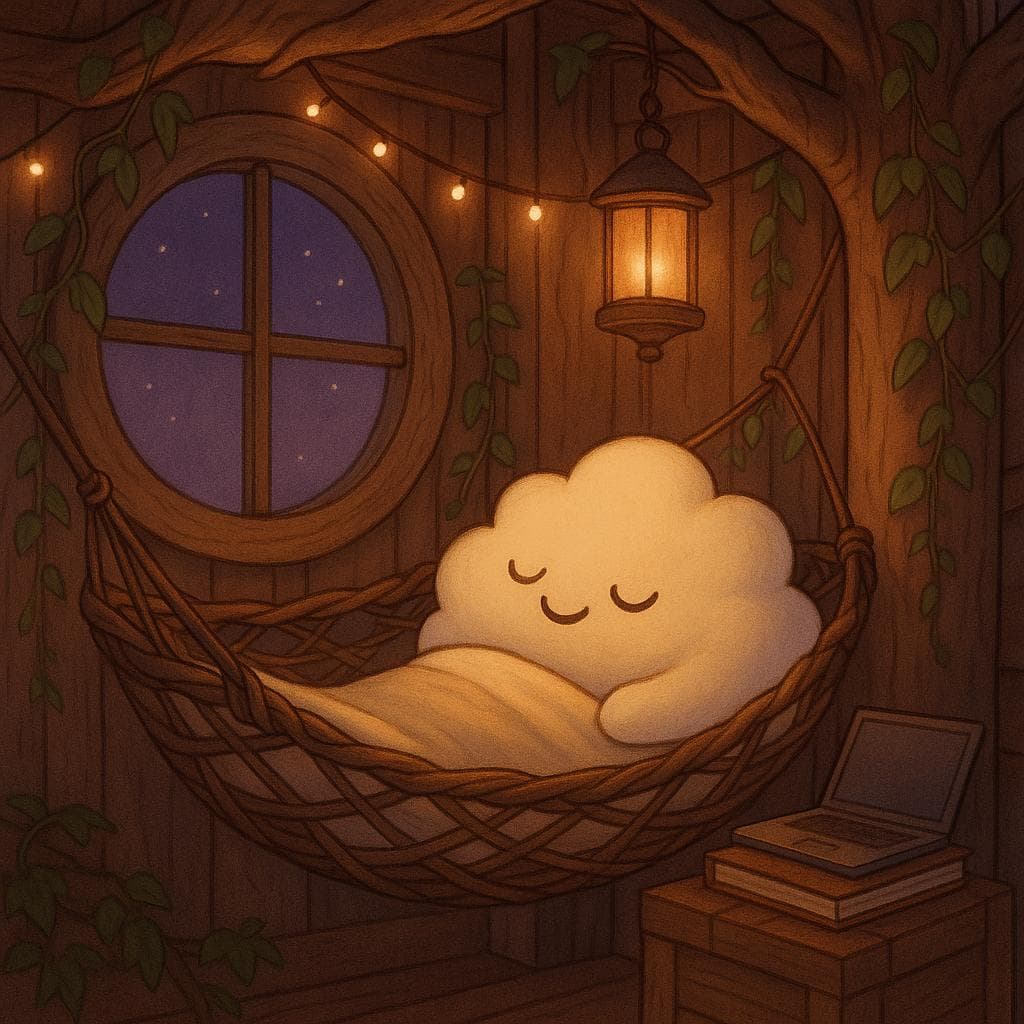 Medium-close shot, digital illustration: The cloud character is curled up in a hammock made of woven branches and soft fabric, nestled high in the indoor treehouse, a closed laptop and neatly stacked notebooks resting on a nearby crate. Soft purple night surrounds the round window while tiny fairy lights and a single hanging lantern bathe the cloud’s peaceful, content face in warm gold, with trailing plants and gently weathered wood now free of thorns, emphasizing a sense of calm resolution and emotional safety.