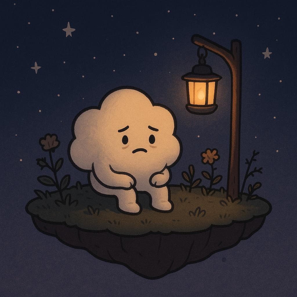 A gentle, round cloud character sits on the edge of a small floating island under a dark blue-purple night sky filled with soft stars, looking a bit tired but not hopeless. Around them are a few sparse plants and flowers with tiny thorns and slightly weathered leaves, while a single warm lantern hangs from a crooked post, casting a cozy glow over the minimalist, clean illustration. The scene feels like the start of a quiet journey, capturing the weight of seasonal low mood in a soft, relatable way.