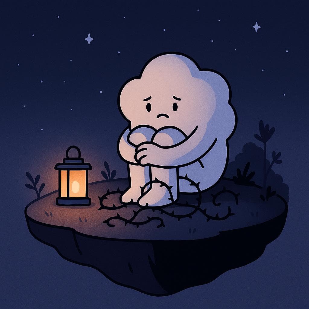 Digital illustration of a soft, round cloud character sitting on the edge of a small floating island at night, knees tucked in and arms wrapped around them, looking overwhelmed by gently tangled vines with tiny thorns creeping around their feet. The scene is mostly deep blue and purple sky with scattered stars, a single warm lantern on the ground casting a cozy glow that reaches only part of the island, while distant plants and small trees fade into shadow to suggest emotional distance and the weight of always saying yes. Minimalist, clean lines and simple shapes emphasize the cloud’s uneasy expression and the quiet tension between comfort and discomfort.