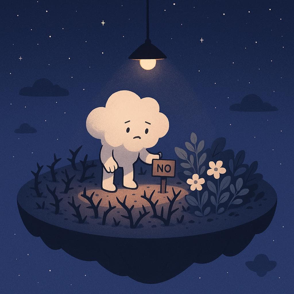 Digital illustration of the cloud character standing in the middle of a larger floating island at night, tentatively placing a small wooden sign that says “No” in front of a patch of thorny plants while softer flowers and leafy plants grow safely behind them. The night sky is full of stars, and a hanging lantern above creates a warm circle of light that clearly separates the safe inner garden from the outer ring of weathered, thorny growth, symbolizing a new boundary that still feels scary but organized. Minimalist, clean style with calm dark blues and purples, the character’s posture a mix of nervousness and quiet determination, and subtle floating islands in the distance hinting at other lives and expectations.