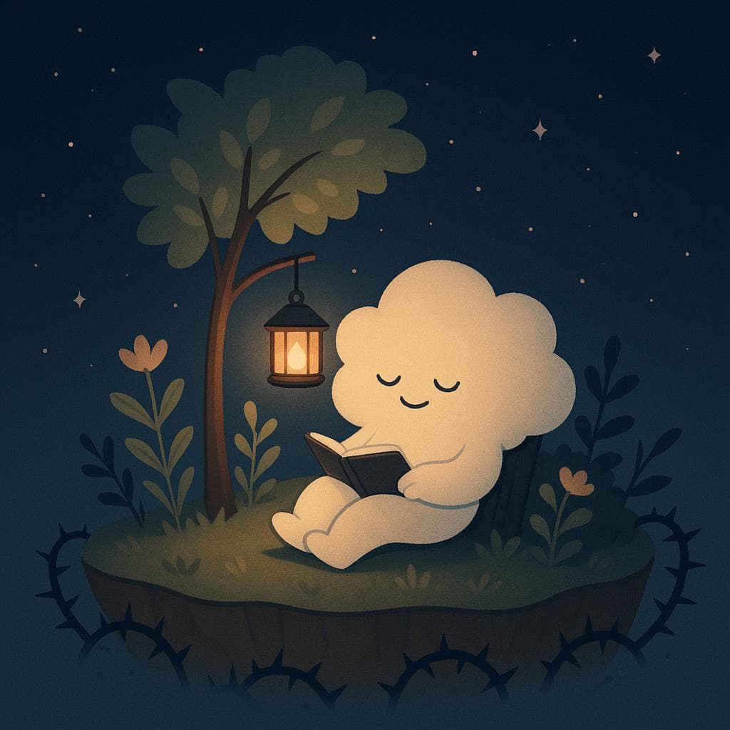 Digital illustration of the cloud character resting peacefully in a cozy nook on their floating island at night, leaning back against a small tree with soft leaves while reading or journaling under a glowing lantern hanging from a branch. Around them, plants and flowers are neatly arranged with a few thorny stems at the edges, showing that challenges still exist but are contained, and the starry indigo sky feels wide and gentle rather than overwhelming. Minimalist, clean composition with warm lantern light reflecting softly on the cloud’s relaxed face, conveying calm, self-trust, and the quiet relief of having boundaries in place.
