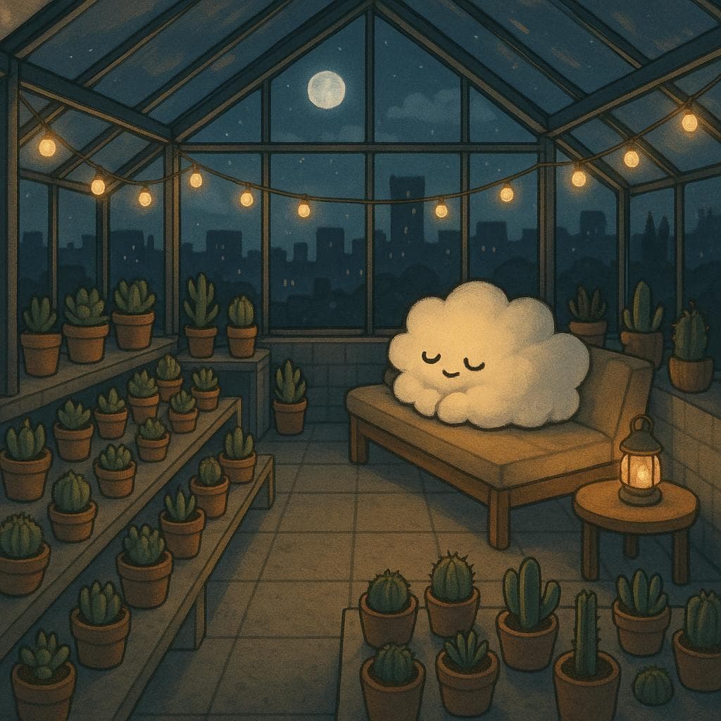 Wide, slightly overhead digital illustration of the moonlit rooftop greenhouse now tidier and more spacious, with organized rows of succulents and a few thorny plants contained neatly in their own pots. The cloud character is curled up peacefully on a cushioned bench under the glass roof, edges soft and compact, watching the city silhouette beyond while a few gentle string lights and a small table lantern bathe the scene in a warm, tranquil glow. The atmosphere feels resolved and grounded, with faint weathered textures on the pots and floor hinting at past struggle but an overall sense of calm after setting clear boundaries.