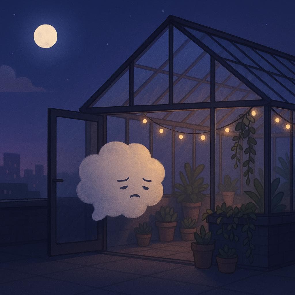 Wide establishing shot digital illustration of a moonlit rooftop greenhouse under a deep blue-purple sky, glass panels reflecting a soft city silhouette in the distance. A gentle round cloud character with a faint, tired expression drifts in through an open greenhouse door, pausing near potted succulents and trailing vines, while warm string lights cast a subtle golden glow against cooler moonlight. The mood is quiet and slightly heavy, as if the cloud is just realizing how exhausted it feels in this tranquil urban sanctuary.