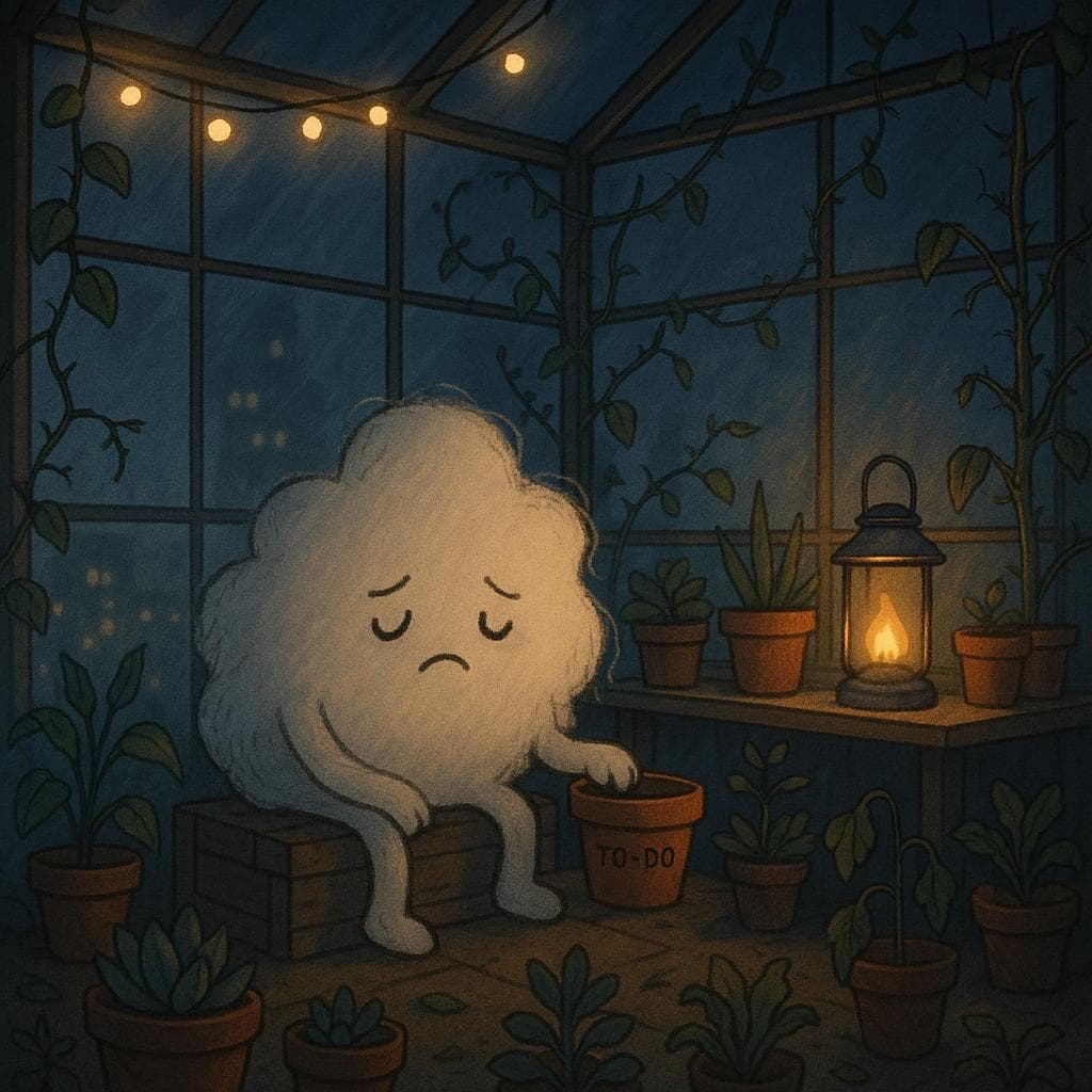 Medium shot digital illustration inside the rooftop greenhouse, lit mostly by scattered fairy lights and a single small lantern on a potting bench, with moonlight filtering through fogged glass panels. The cloud character sits slumped on a low wooden crate among potted succulents and climbing plants with a few subtle thorns, its edges a bit frayed and drooping while it absentmindedly taps a tiny cracked terracotta pot labeled with a faint to‑do list. Around it, some plants are thriving and others are wilted, symbolizing mixed energy and “in‑between” struggling, while the distant city lights blur softly in the background.