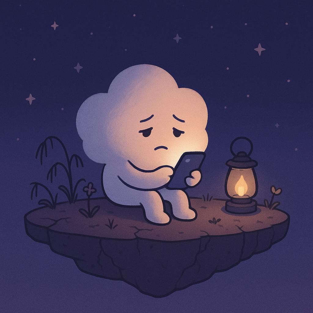 Digital illustration of a small, round, gentle cloud character sitting on the edge of a floating island under a deep blue‑purple night sky scattered with soft stars, looking tired as it scrolls a glowing phone beside a dim warm lantern. Sparse, drooping plants and a few tiny flowers with subtle thorns grow from cracked soil on the island, hinting at emotional strain without feeling harsh. The composition is a medium-wide shot, focusing on the cloud’s slumped posture and the quiet, slightly overwhelmed mood, while the minimalist style keeps lines clean and shapes soft.