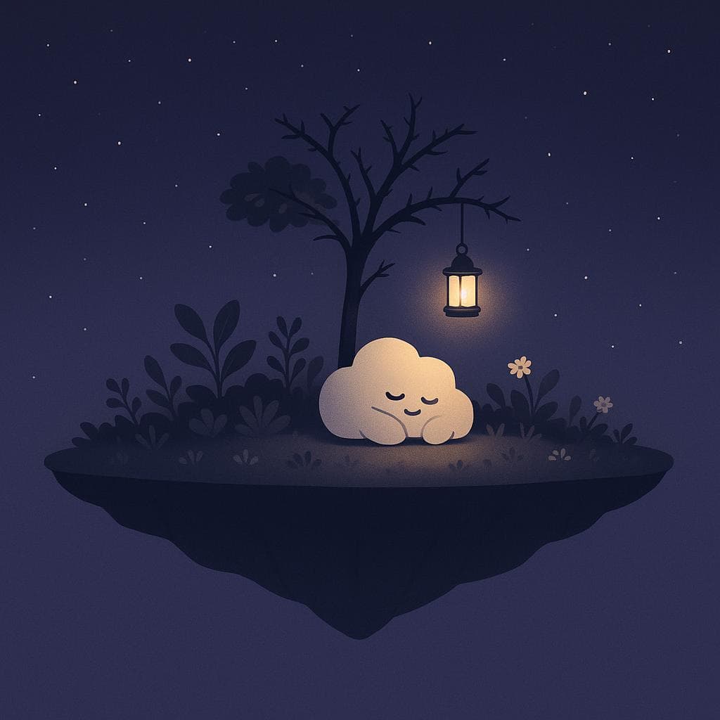 Minimalist digital illustration of a wide, serene floating island at night, now lush with healthy plants, soft flowers, and a small tree whose branches include gentle, weathered thorns, all bathed in a calm dark blue‑purple starry sky. The cloud character is curled up peacefully under the tree, eyes closed, with a single warm lantern hanging from a branch casting a cozy golden circle of light around them. The composition is a wide, tranquil scene emphasizing open space and balance, conveying grounded emotional wellbeing and realistic, gentle progress rather than perfection.