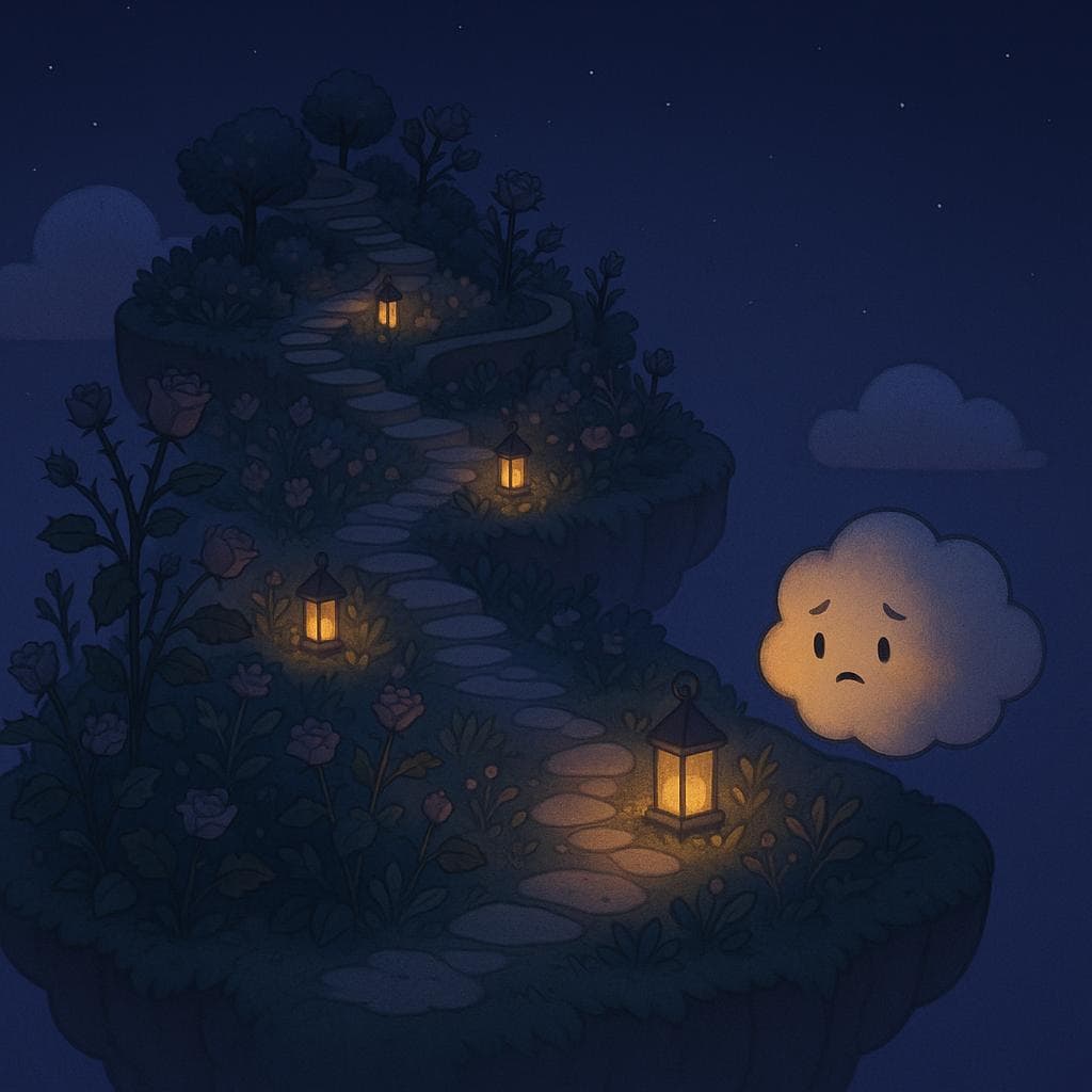Wide establishing shot digital illustration of a whimsical floating island garden at twilight, with terraced plants and winding stone paths hovering in a deep indigo sky. A soft, round cloud character drifts in from the edge of the frame, hesitating at the entrance path where a few lanterns begin to glow warmly among flowers with subtle thorns, capturing a mix of curiosity and unease. Lighting comes from scattered lanterns and a faint starry sky, with muted blues and purples contrasted by gentle golden highlights on the cloud’s face.