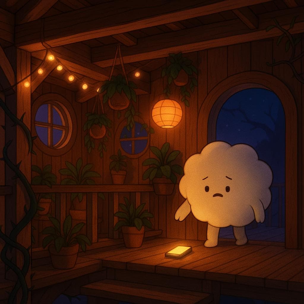 Wide establishing shot digital illustration of a cozy indoor treehouse at twilight, with warm wood beams, hanging plants, and round windows glowing against deep blue-purple night. The soft round cloud character stands in the doorway, half inside and half out, looking a bit overwhelmed while setting down a small glowing phone-shaped object on a low wooden step as fairy lights and a single paper lantern cast warm, welcoming light. Subtle thorny vines twist gently around a support beam, hinting at challenges outside while the interior feels intimate and safe.