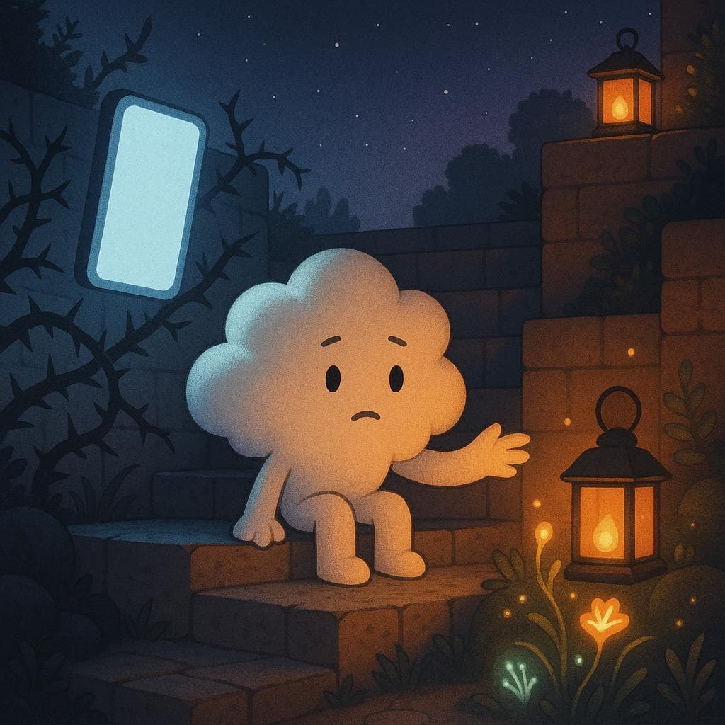 Medium shot digital illustration of the cloud character sitting on a stone step in the terraced garden, split between two glowing influences to symbolize social media’s mixed impact. On one side, cool bluish light from a hovering, screen-like rectangle casts sharp shadows and highlights thorny vines; on the other, warm lanterns and bioluminescent plants glow softly as the cloud reaches a small arm toward them, its expression thoughtful but not distressed. The scene is framed by starry twilight with muted colors, emphasizing the contrast in lighting and the cloud’s active choice of where to focus.