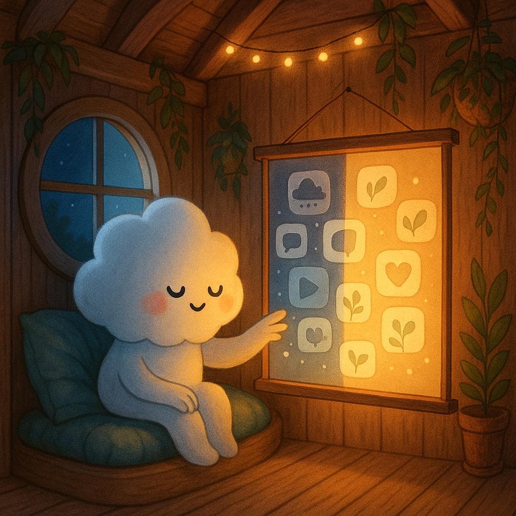 Medium shot digital illustration inside the treehouse showing the cloud character perched on a cushioned nook beneath a round window, split light from the window casting cool moonlight on one side and warm fairy light on the other. In front of them, a suspended wooden frame displays ghostly, translucent app icons and tiny stormy clouds on one side, slowly transforming into softer shapes, plants, and calmer icons on the other, as the cloud gently reaches out to rearrange them. Hanging plants and slightly weathered wooden textures surround the scene, with the main light coming from a string of fairy lights and the soft glow of the changing icons, symbolizing curating a healthier feed.