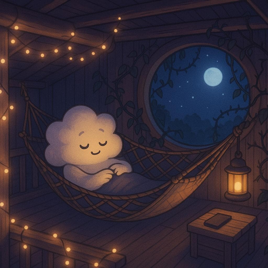 Wide, slightly overhead digital illustration of the indoor treehouse at night, now tidier and softly glowing with clusters of fairy lights and a single warm lantern hanging from a beam. The cloud character is curled up comfortably in a hammock made of woven branches and fabric between two wooden supports, phone tucked face down on a nearby crate-table, while they watch gentle moonlight and distant stars through a large round window framed by trailing plants and a few harmless-looking thorny stems. The mood is calm and resolved, with muted blues and purples balanced by cozy amber highlights, emphasizing emotional peace and a sense of gentle accomplishment.