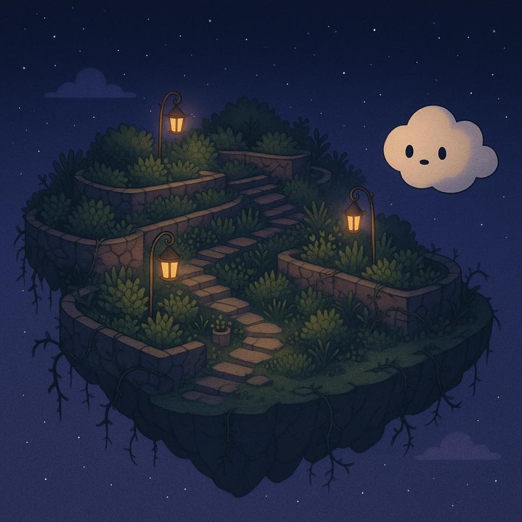 Wide establishing shot digital illustration of a floating island garden at twilight, with terraced plants and winding stone paths hovering in a starry sky. A gentle round cloud character drifts in from the edge of the frame, looking a bit small and wide-eyed as they arrive, while a few soft lanterns cast warm pools of light that contrast with subtle thorny vines and weathered stones. The scene feels whimsical but slightly overwhelming, lit mainly by scattered lanterns against deep blues and purples.